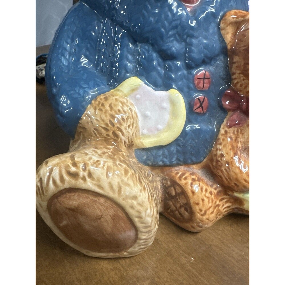 Vintage Cresco China Papa & Baby Bear Ceramic Cookie Jar Blue Sweater Retro - Picture 4 of 11